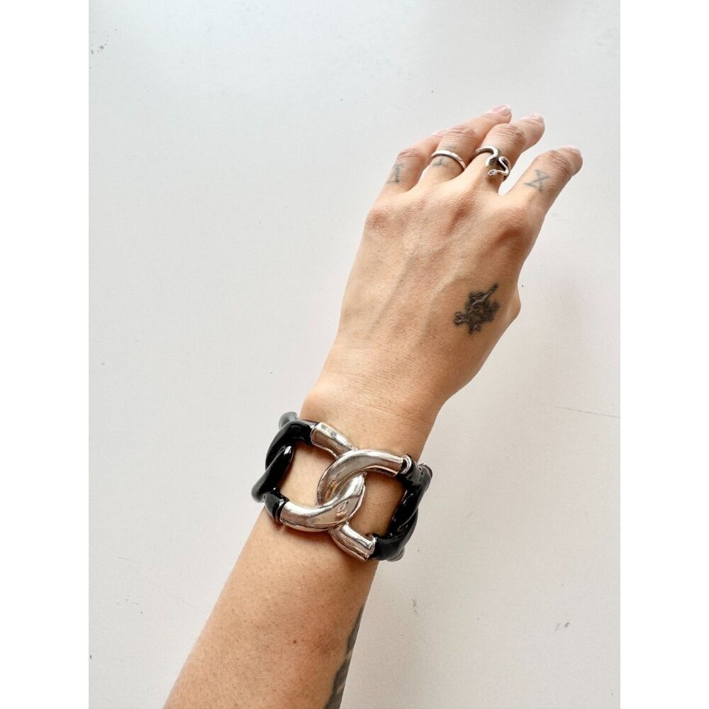 Unbranded Silver Black Chunky Chain Link Stretch Cuff Bracelet